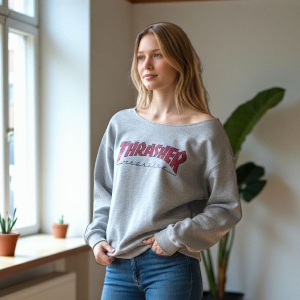 Well Loved Old School Vintage Thrasher Magazine Gray Sweatshirt Custom Neckline